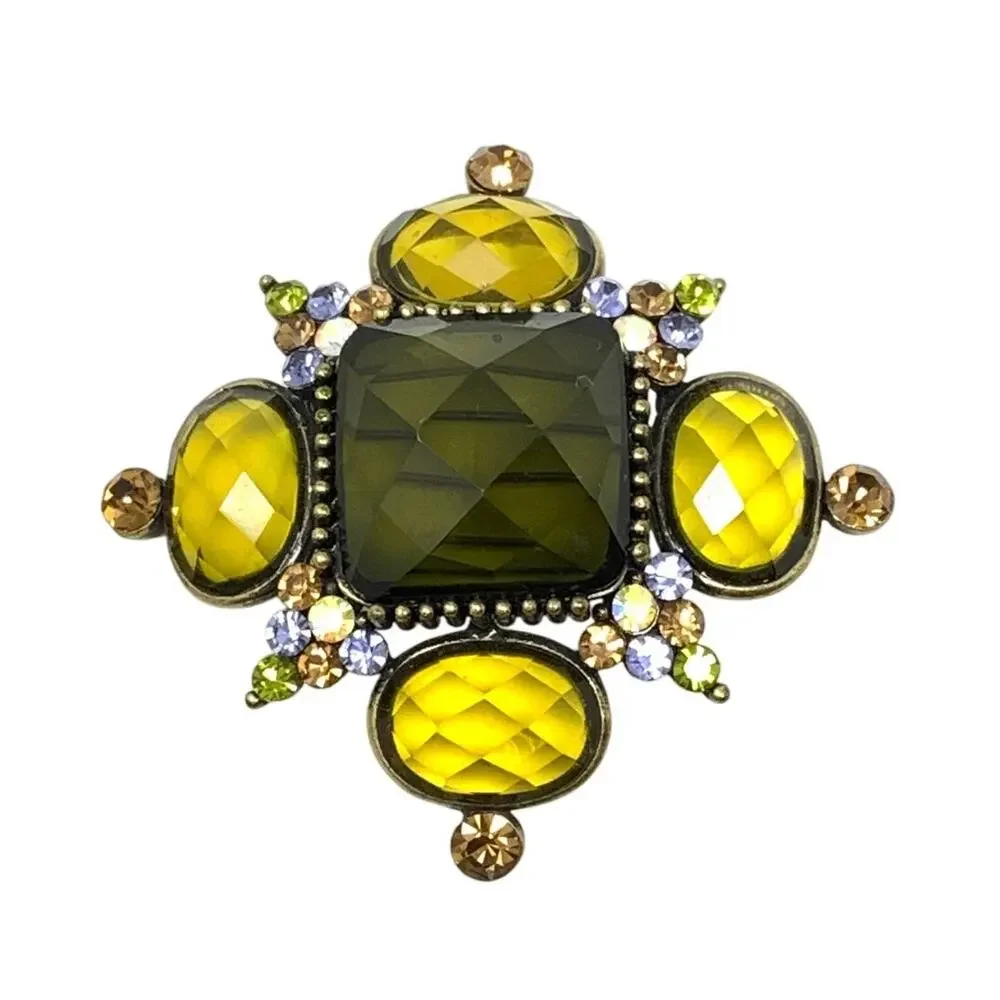 Vintage Diamond Bejeweled Brooch Rhinestone Details Green Yellow Pin